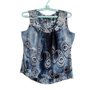 Milano Blue Paisley Tank Top  XL Embellished Neckline Boho Career Capsule